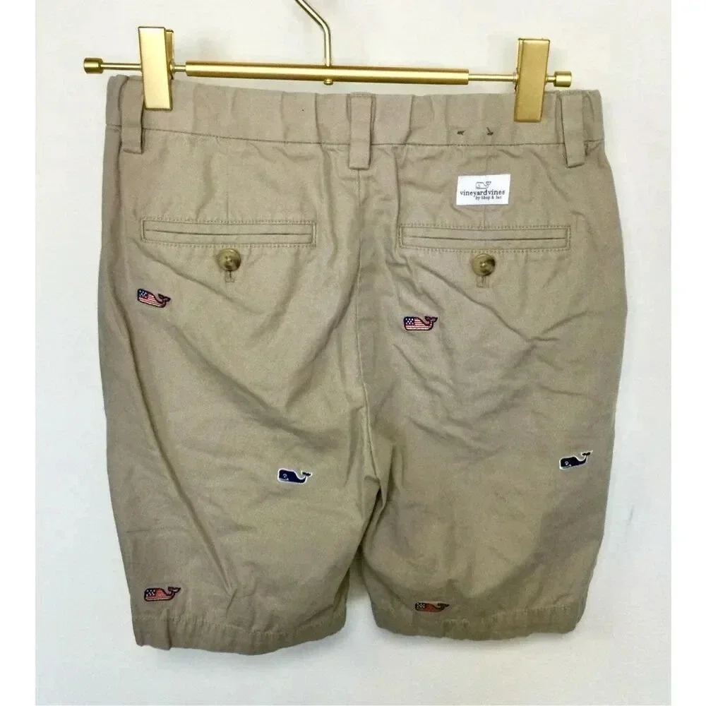 Vineyard Vines boys kids Size 10 Walking Shorts Tan Khaki Embroidered Whales Adj